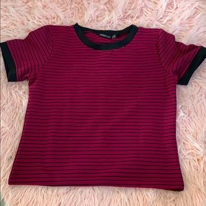 pink and black striped t-shirt